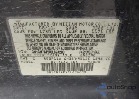 2012 Nissan Versa 1.6 S z USA, uszkodzony, nr VIN 3N1CN7APXCL824200